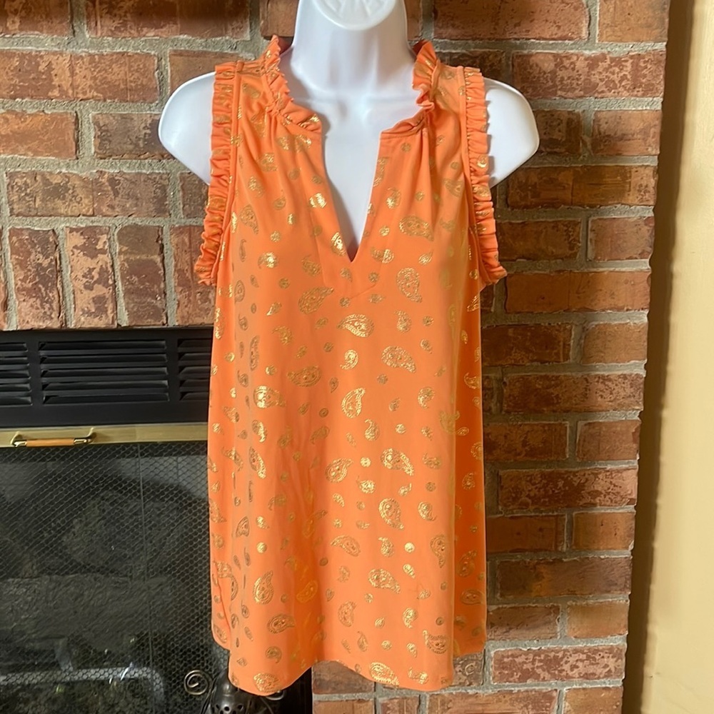 Michael Kors Orange Ruffled Gold Paisley Sleeveless Tank Top